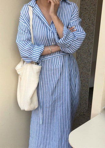 Pan Peter Dress Spring Modern Shirts Blue Collar Striped Cotton FashionChic