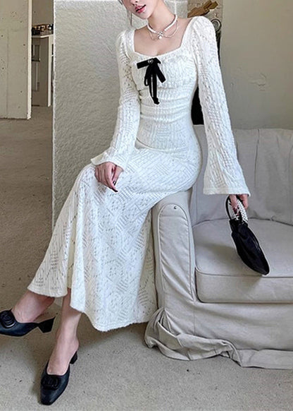 Dresses Hollow Square White Cotton Long Collar Spring Out Elegant FashionChic