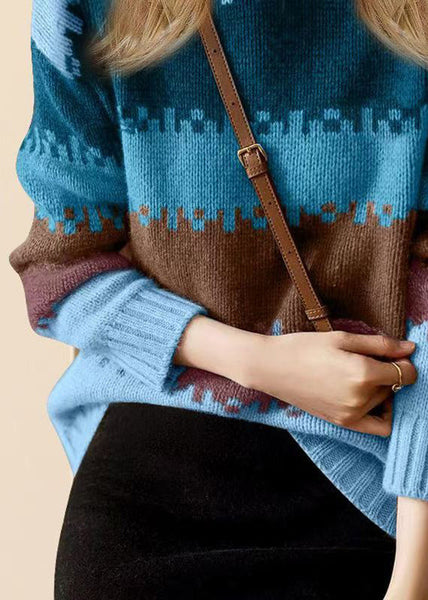 Loose Blue O Neck Thick Patchwork Knit Sweater Winter WV033 ABC