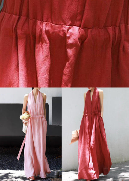 Waist Simple Tie Pockets Pink Sleeveless Dresses Linen Long FashionChic