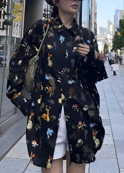 Fashion Black Peter Pan Collar Print Button Chiffon Shirt Long Sleeve TT1043 shopify