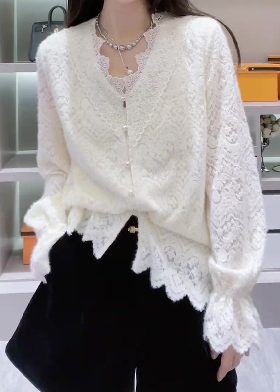 French Lace Neck White V Top Patchwork Spring FashionChic