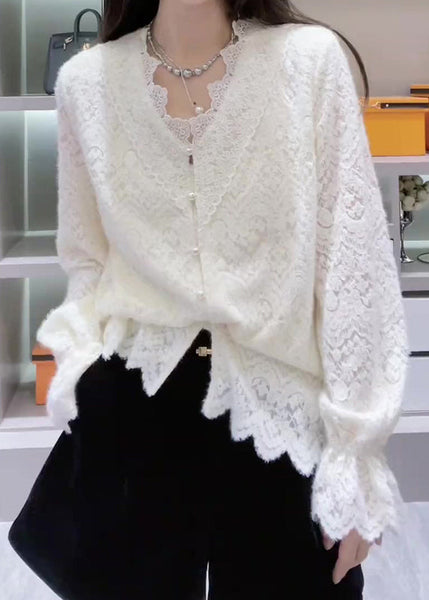 French Lace Neck White V Top Patchwork Spring FashionChic