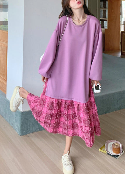 Purple Dress Spring Plaid O-Neck Loose Maxi FashionChic