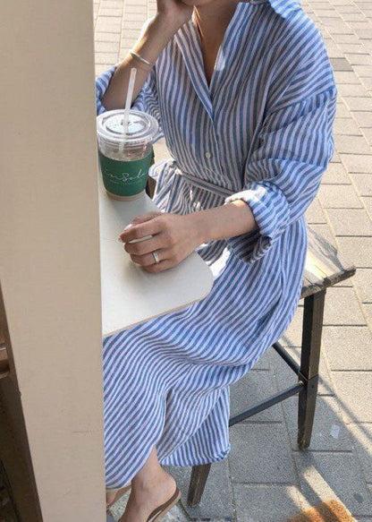 Pan Peter Dress Spring Modern Shirts Blue Collar Striped Cotton FashionChic
