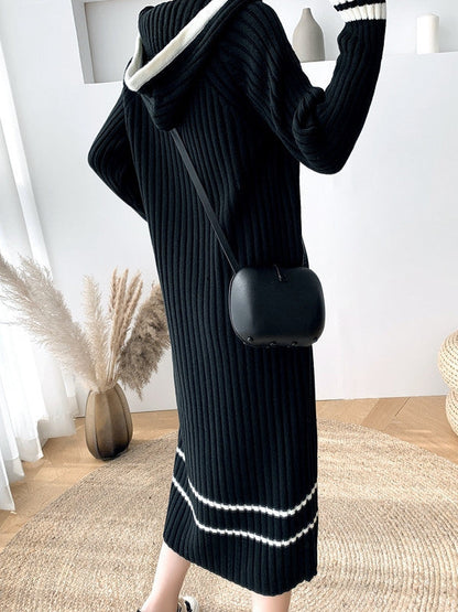 Urban Coffee Hooded V-Neck Long Sleeve Striped Knit Dress AN1051 Genistyle Shop