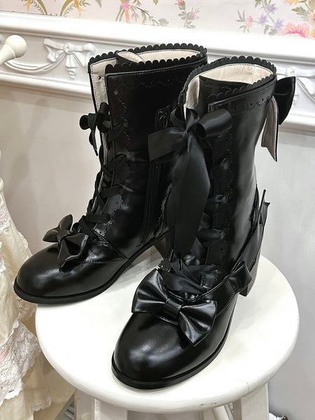 Embellishments Boots Mid-Heel - Sweet Black Bow FashionChic