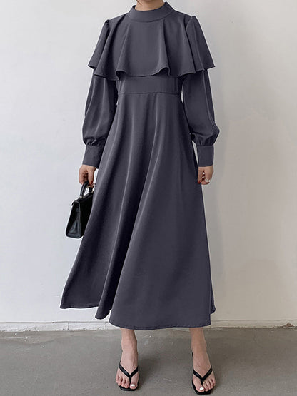 Ruffle Waist Long Mock Tied A-Line Elegant Trim Neck Coffee FashionChic