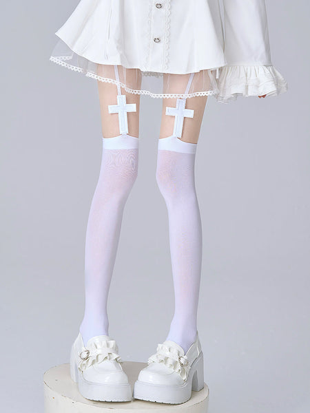 White/Black Cross Stockings Gothic Suspender FashionChic