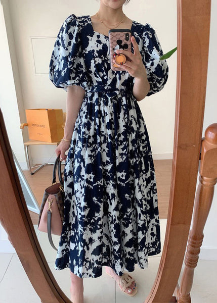 Elegant Black Square Collar Print Cotton Long Dress Summer QP005 OL-SDL241001