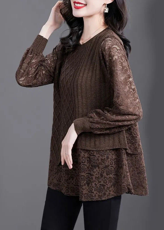 Women Coffee O-Neck Knit Patchwork Fake Two Pieces Top Fall WD029 OL-LTP241103