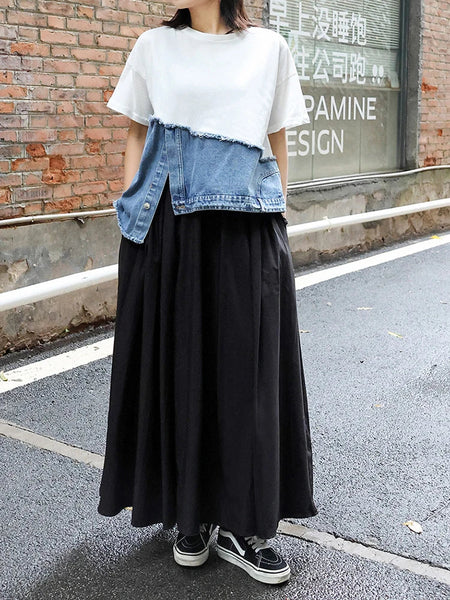 Denim Street Patchwork Sleeve White Short T-Shirt O-neck Hem FashionChic