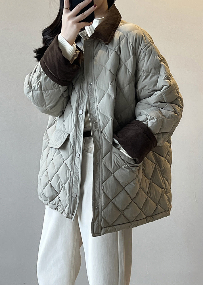 Beautiful Grey Peter Pan Collar Corduroy Duck Down Puffer Jacket Winter AF1060 HS-DJK240914