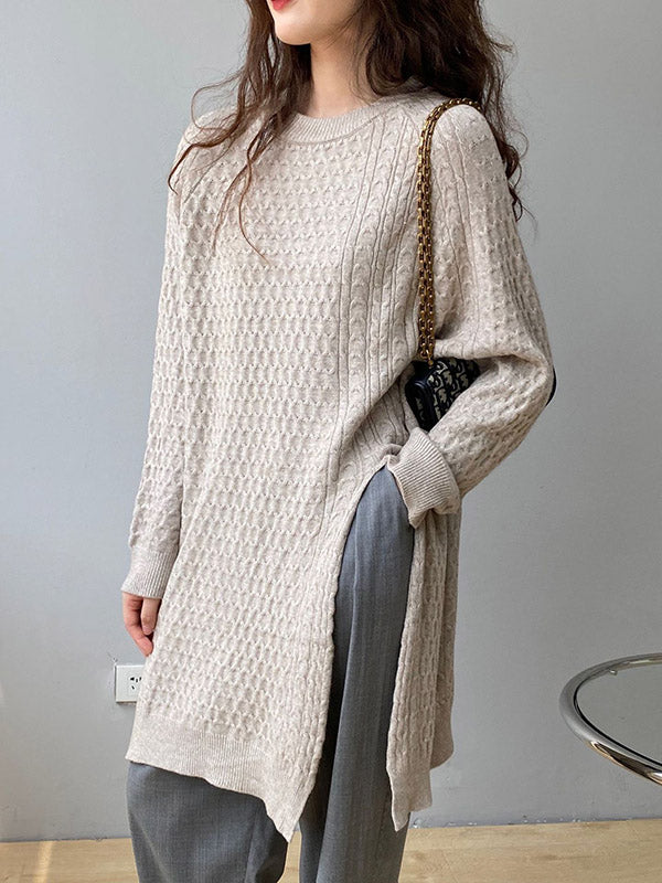 Retro Oatmeal Round-Neck Split-Side Long Sleeve Twist Knit Sweater AN1045 Genistyle Shop