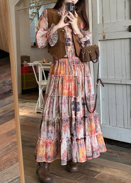 Dress Brown And Ruffled Suede Faux Elegant Waistcoat Two-Piece FashionChic