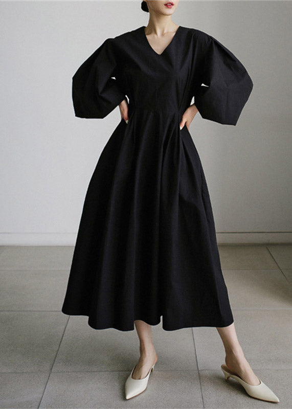 Lantern Cotton Vacation Dress Wrinkled Sleeve Black Pockets FashionChic