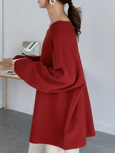 Loose Burgundy Round-Neck Long Sleeve Knit Top AN1071 Genistyle Shop