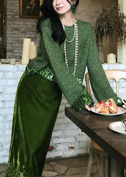 Fashion Green Hollow Out Cotton Knit Sweaters And Maxi Skirts Two Piece Set Winter WV002 ABC