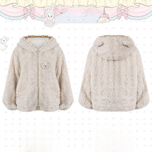 Brown Ear Light Trim Brooch Plush Ruffle Hood Jacket Bear with Kawaii FashionChic