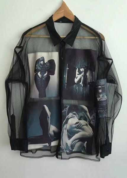 Women Black Print Button Tulle Blouse Summer NN005 shopify