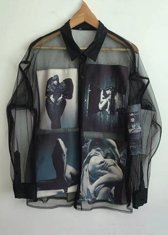 Women Black Print Button Tulle Blouse Summer NN005 shopify