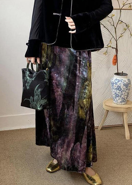 Dye Velvet Loose Silk Purple Tie Elastic Skirts Side Open Waist FashionChic