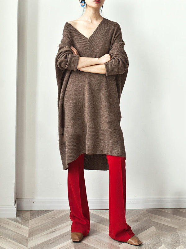 Stylish Loose Camel V-Neck Long Sleeve Sweater Dress QX006 shopify