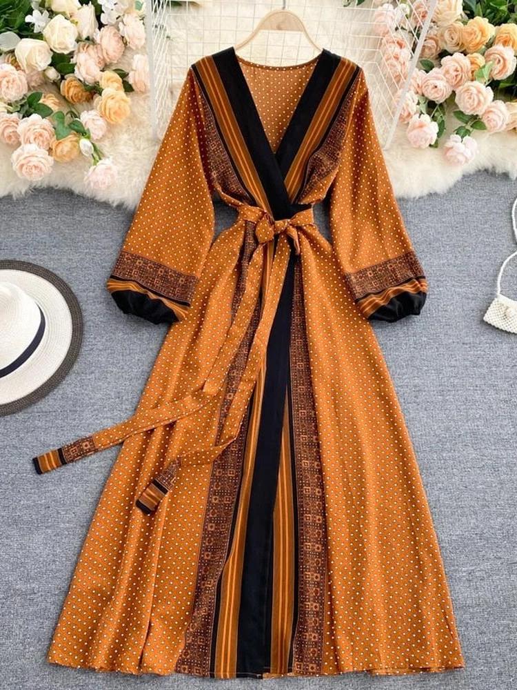 Vintage Brown V-neck Tie Waist Printed Long Puff Sleeve Dress AR1003 shopify