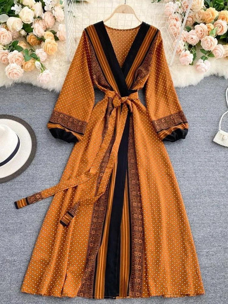 Vintage Brown V-neck Tie Waist Printed Long Puff Sleeve Dress AR1003 shopify