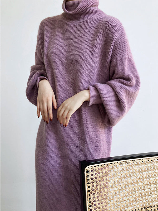 Urban Loose Purple High-Neck Long Puff Sleeve Sweater Dress AN1052 Genistyle Shop