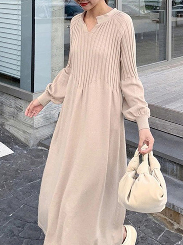 Causal Loose Grey V-Neck Pleated Long Puff Sleeve Knit Dress AN1038 Genistyle Shop