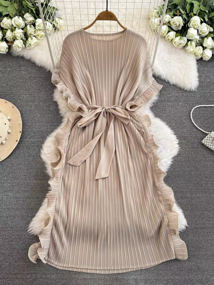 Stylish Loose Purple Round Neck Pleated Batwing Sleeve Lace-up Dress AZ1002 Genistyle Shop