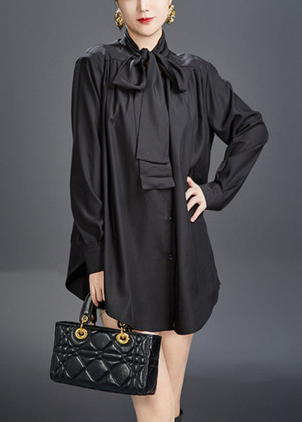 Stylish Black Bow Solid Cotton Fall Blouses AJ1014 JDML-240909