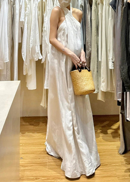 New White Cold Shoulder Solid Cotton Maxi Dresses Sleeveless EE011 shopify