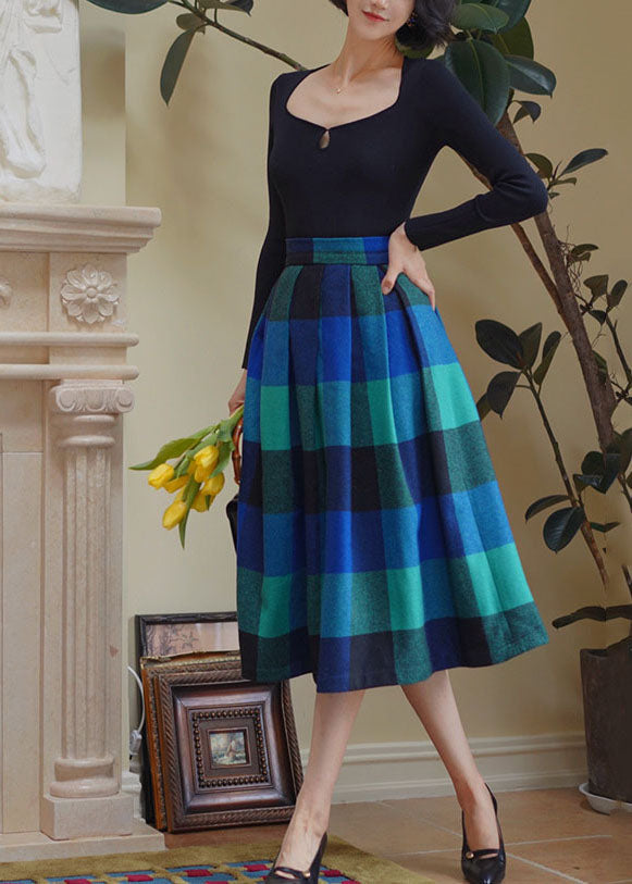 Unique Blue High Waist Plaid Wool Pleated Skirt Spring AJ1001 shopify