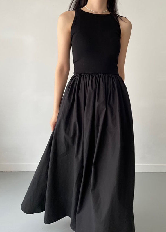 Patchwork Cotton Large Exra Party Hem Dress Sleeveless Black FashionChic
