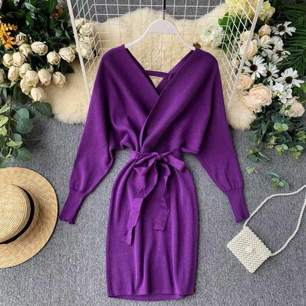 Elegant Beige V Neck Tie Waist Long Batwing Sleeve Dress AR1021 shopify