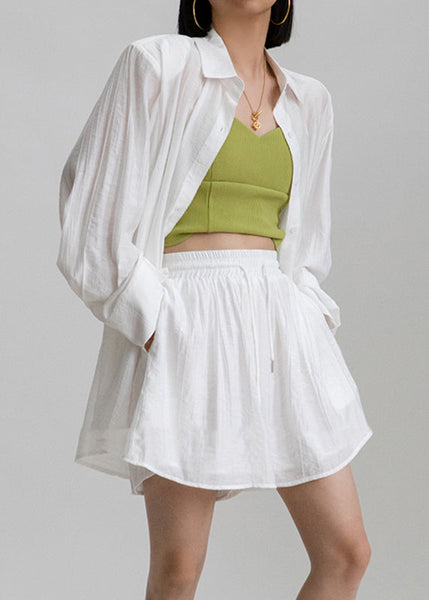 Casual White Peter Pan Collar Shirts And Shorts Two Pieces Set Long Sleeve AN1031 Genistyle Shop