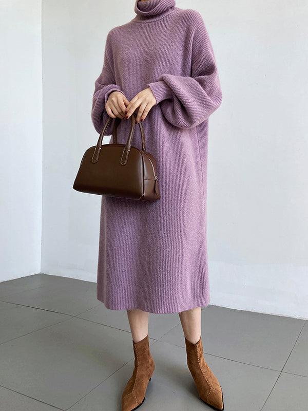 Urban Loose Purple High-Neck Long Puff Sleeve Sweater Dress AN1052 Genistyle Shop