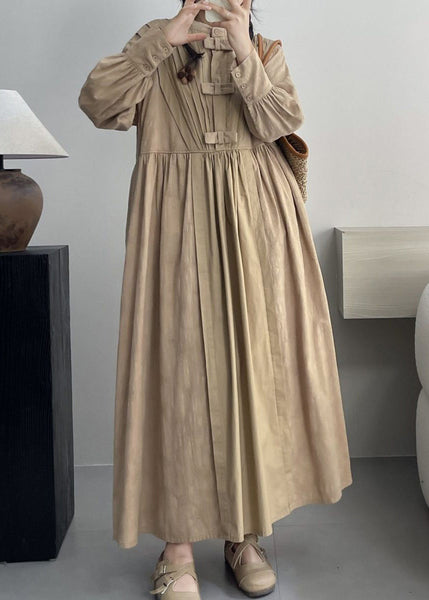 Khaki Pockets Solid Cotton Dresses Stand Collar Spring NN006 shopify