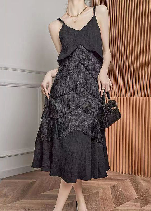 French Black Tasseled Vacation Strap Fishtail Dress Summer AJ1026 shopify