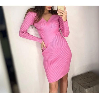 Sexy Pink V-neck Cross Slim Waist Long Sleeve Knit Sweater Dress AR1018 shopify