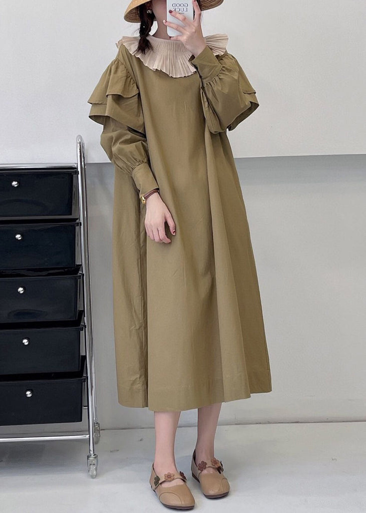 Loose Khaki Ruffled Tie Waist Cotton Dress Long Sleeve NN041 shopify