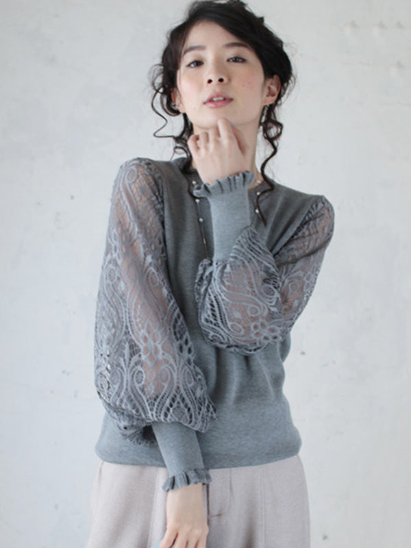 Tempermant Black Round-Neck Patchwork Hollow Lace Long Puff Sleeves Sweater QX011 shopify