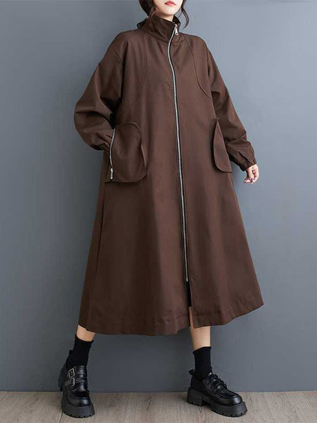 Retro Khaki High Neck Pockets Zip-up Long Sleeve Trench Coat TW005 ABC