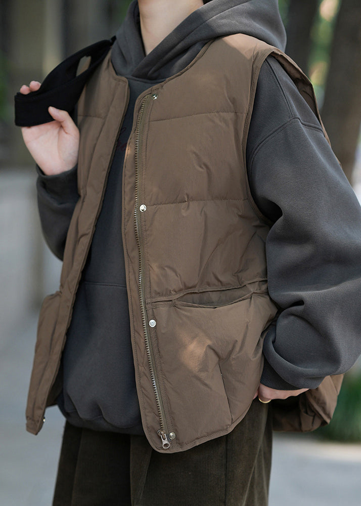 Women Khaki Green Zip Up Pockets Patchwork Duck Down Vest Sleeveless WD011 HS-VTP241103