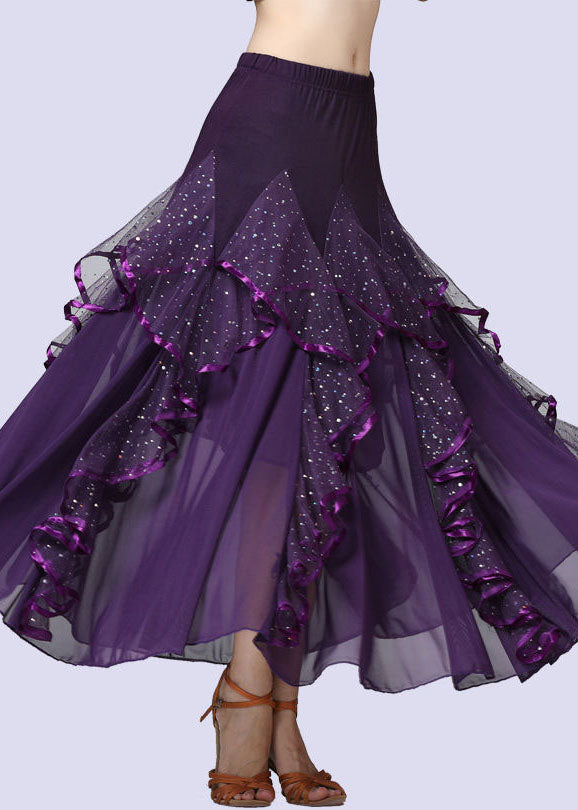 Fashion Purple Wrinkled Tulle Patchwork Sequins Cotton Skirts Summer AZ1001 shopify