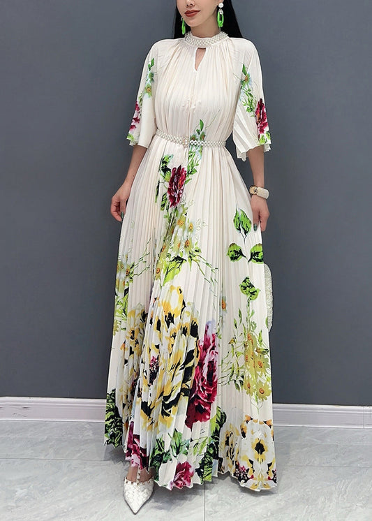 Stylish White Stand Collar Print Maxi Dresses Half Sleeve AO1022 JDML-SDL240909