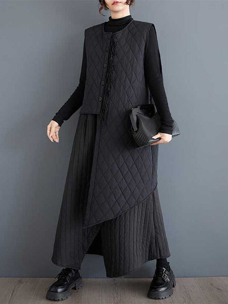 Simple Black Elasticity High Waisted Pockets Quilted Asymmetric Hem Skirt TW004 ABC