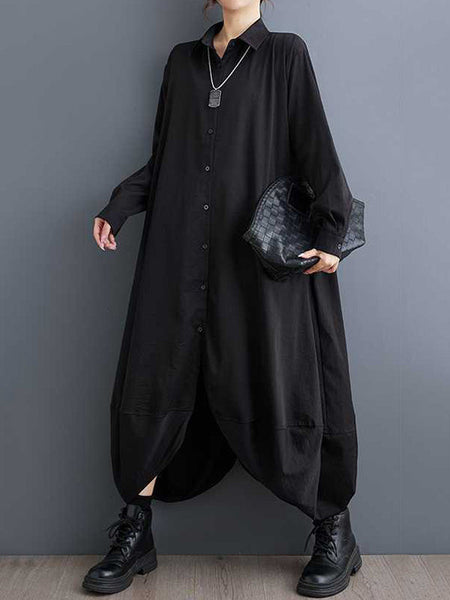 Stylish Black Lapel Buttoned Pockets A-Line Petal Hem Long Sleeve Shirt Dress TW015 ABC